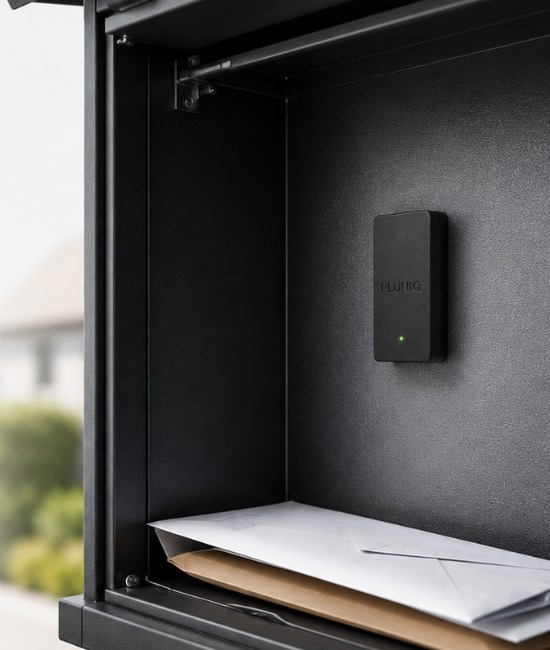 PLUNIQ Mail Sensor im Briefkasten — erkennt Posteinwürfe zuverlässig